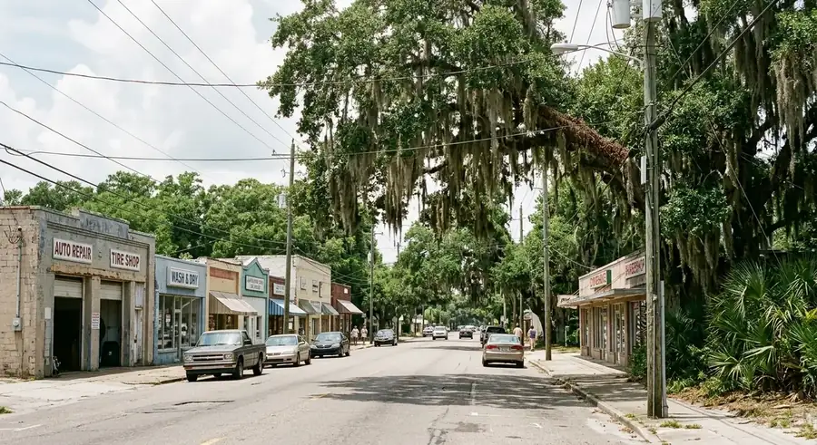 Tree-lined Olive Road corridor in Brent, Pensacola